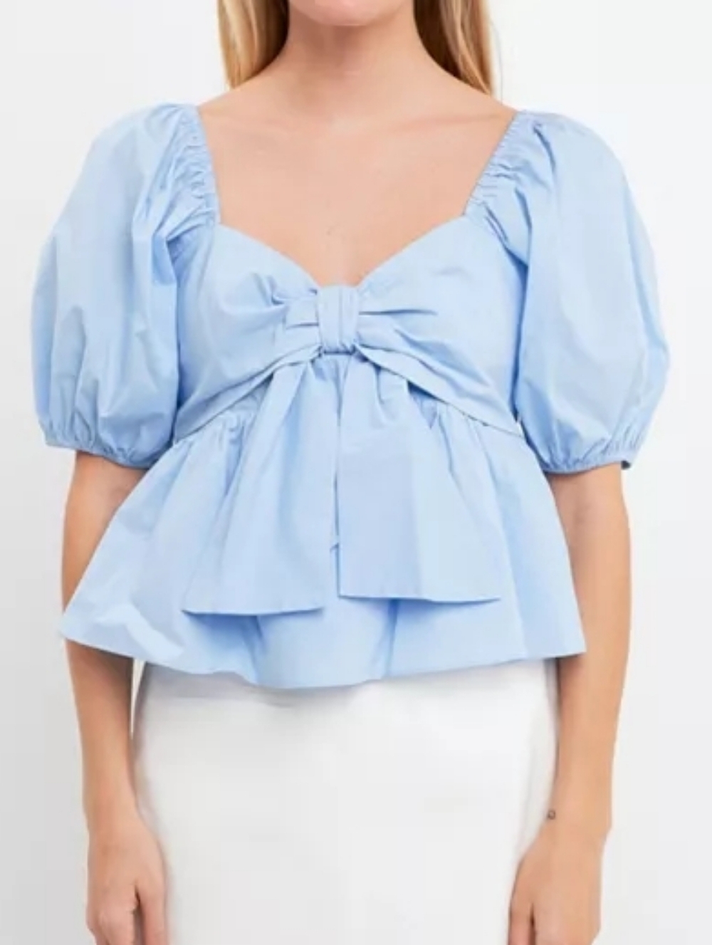 English Factory Light Blue Cropped Bow Peplum Top With Sweetheart Neckline